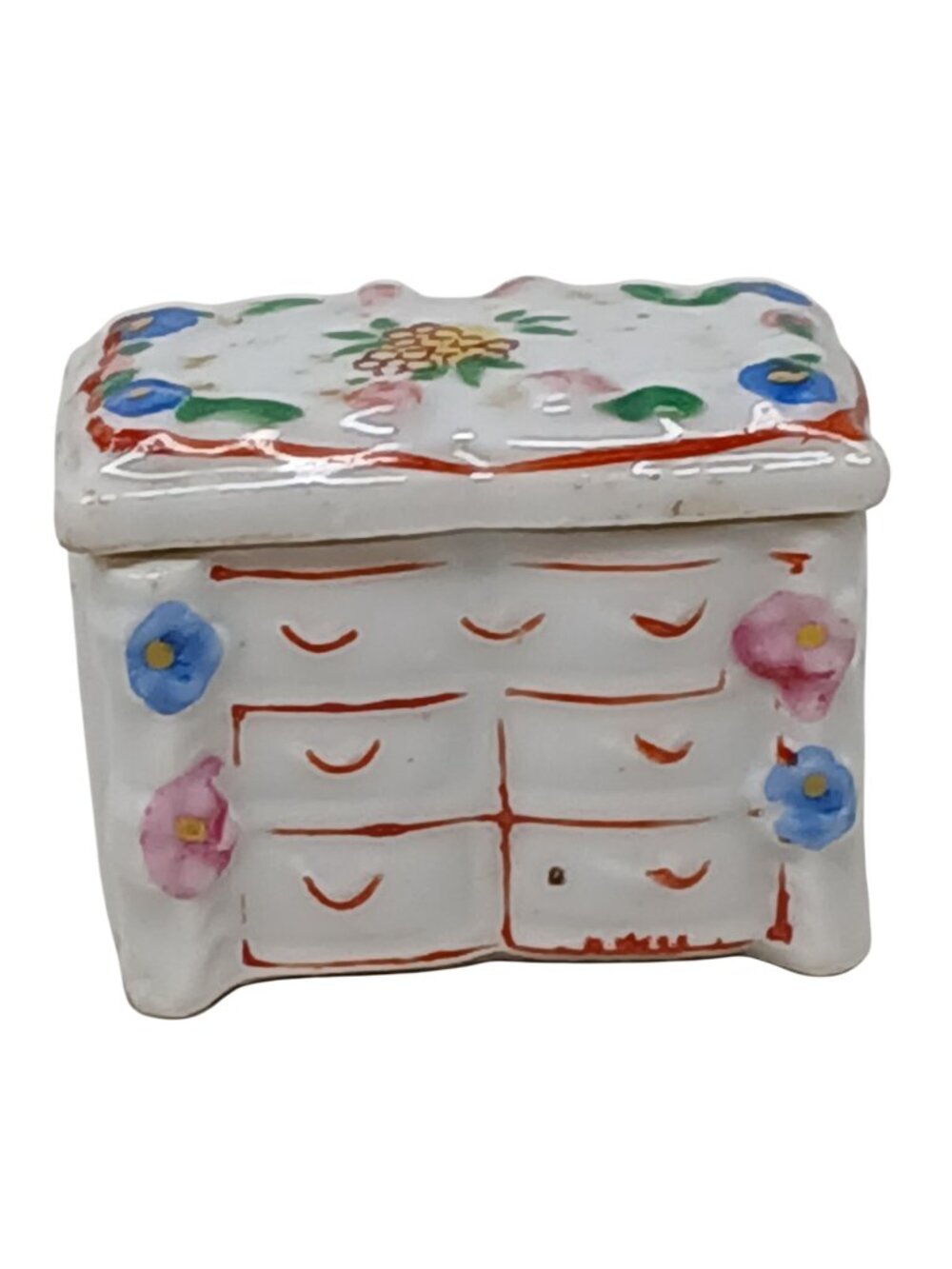 Vintage Ceramic Trinket Box Doll House Furniture Floral  Occupied Japan #S-3